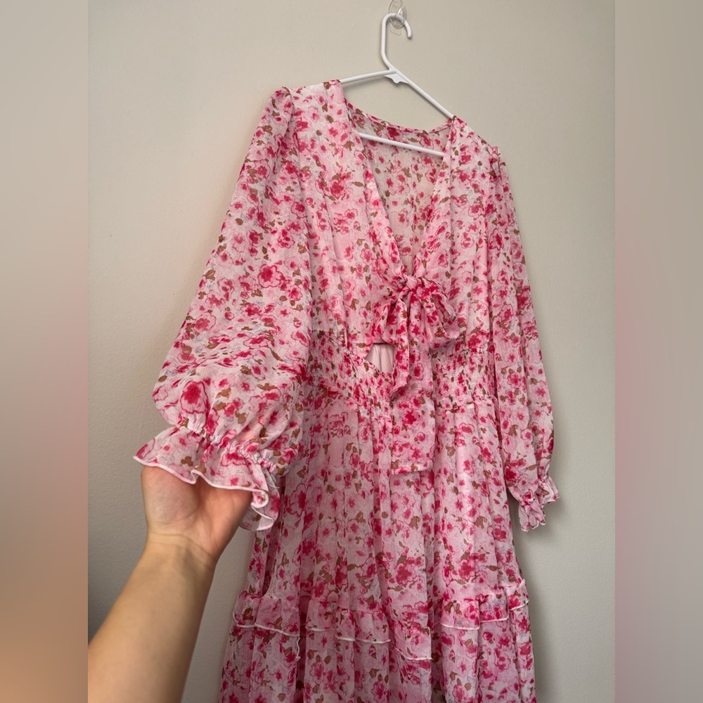 Pink Deep V-Neck Lantern Sleeve Knotted Tired Mini Dress Pink Size L - Picture 3 of 9
